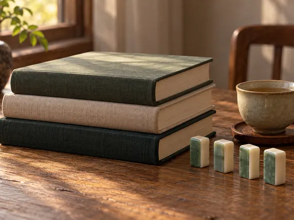 Libros sobre mahjong junto a unas fichas