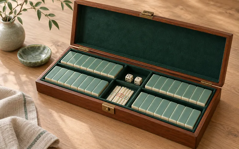 Estuche de mahjong abierto con sus fichas y accesorios