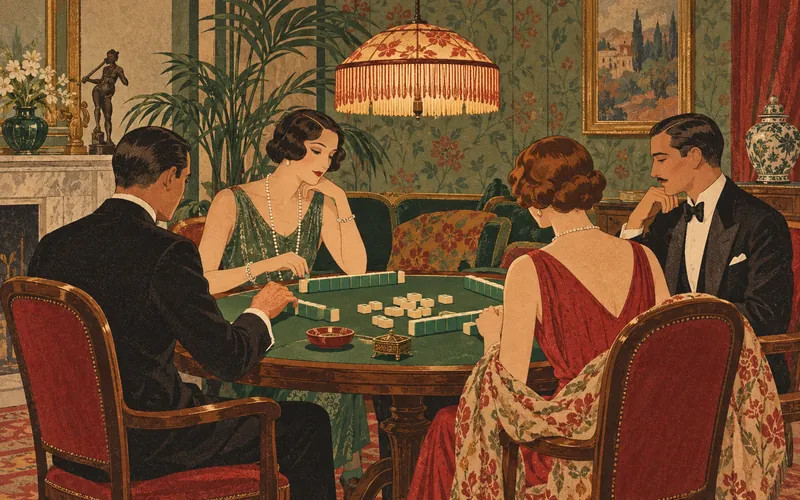 Salón español de los años veinte con una mesa de mahjong