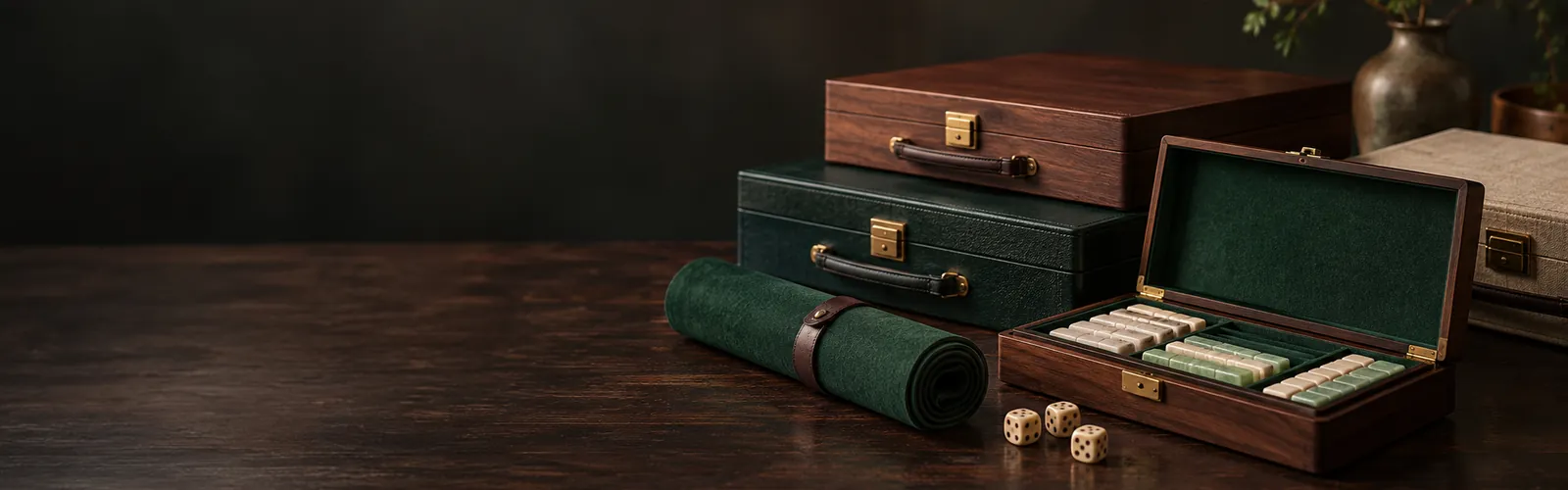 Estuches de mahjong y accesorios sobre una mesa