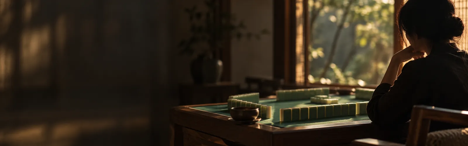 Jugador pensativo ante su hilera de fichas de mahjong