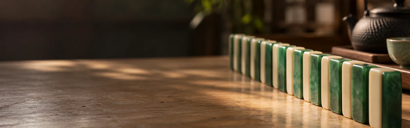 Fichas de mahjong de marfil y dorso verde jade alineadas sobre madera
