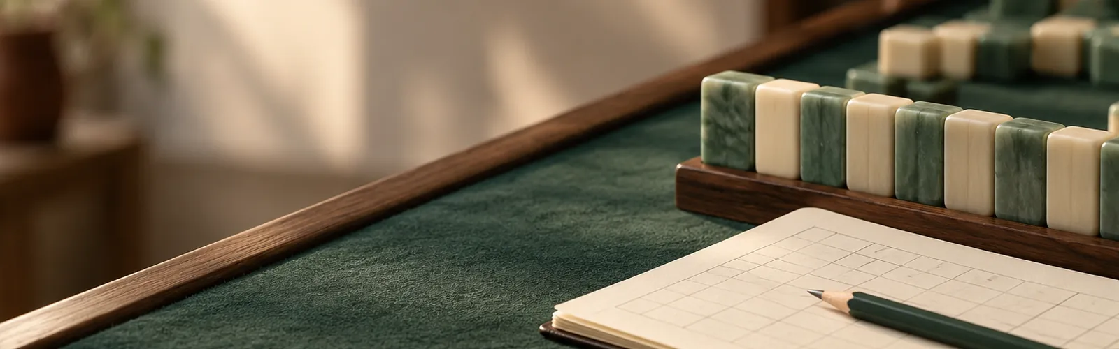 Libreta de puntuación junto a fichas de mahjong