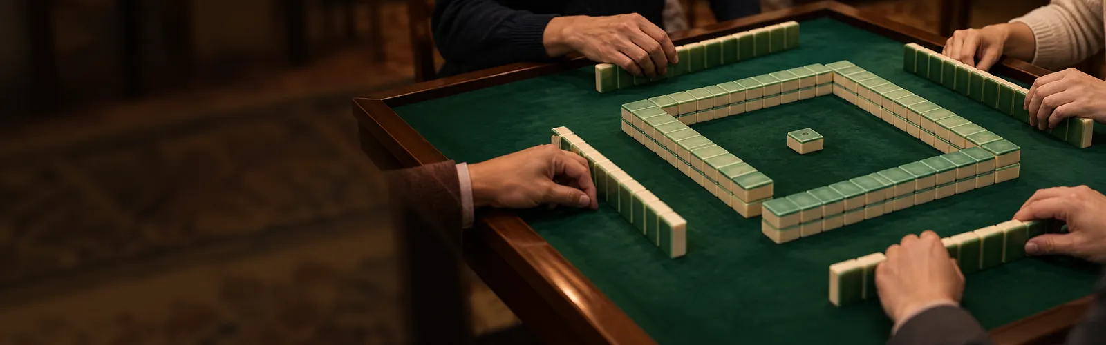 Mesa de torneo de mahjong chino con cuatro manos expuestas