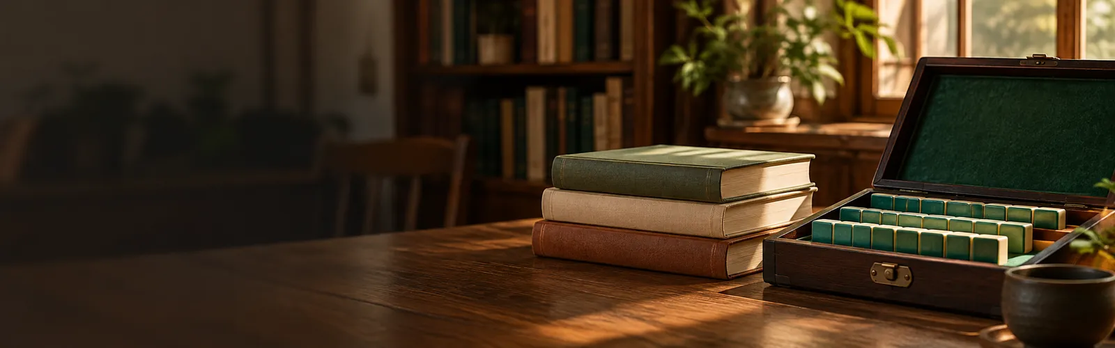 Libros apilados junto a un juego de mahjong