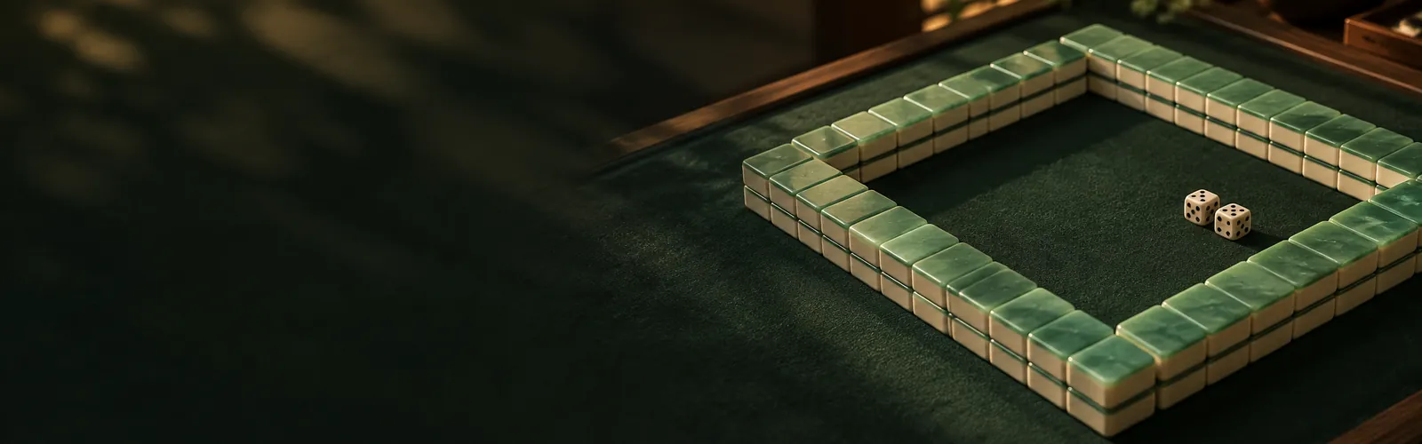 Cuatro muros de fichas de mahjong formando un cuadrado sobre el tapete