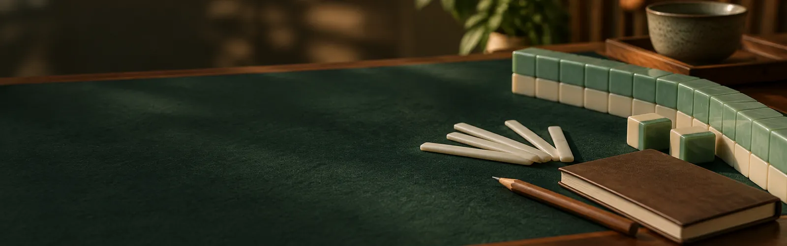 Varillas de puntuación y una libreta junto a un muro de mahjong