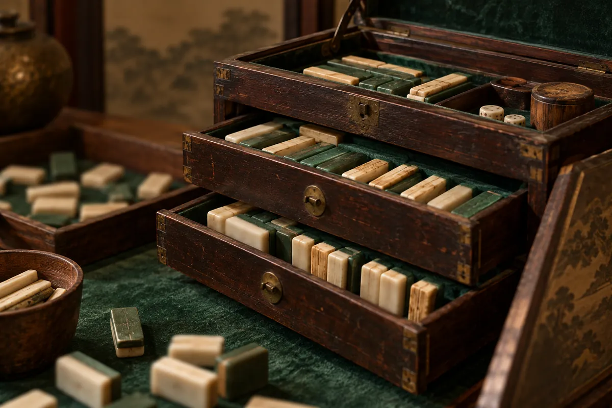 Juego de mahjong antiguo de hueso y bambú en su caja de madera