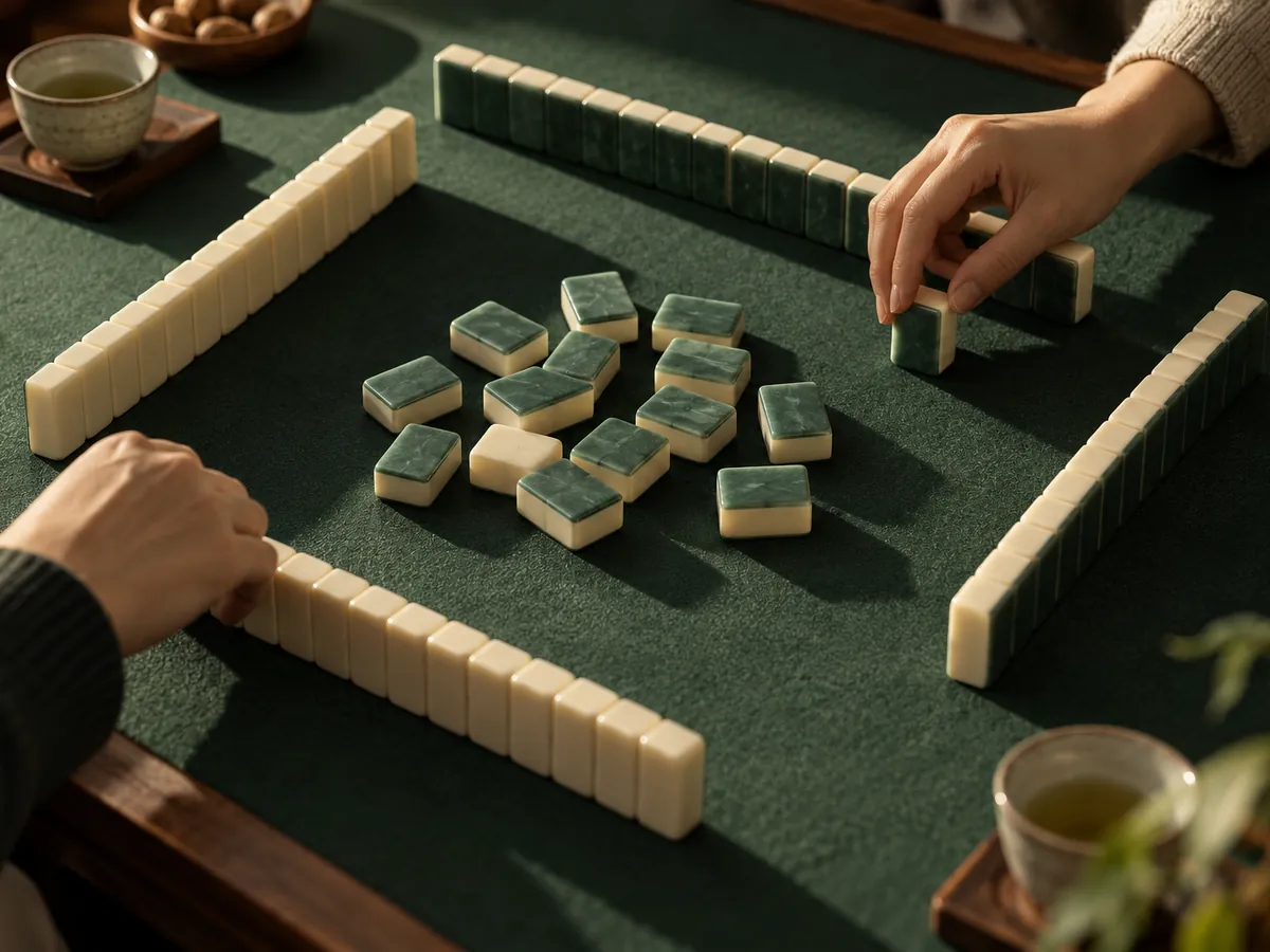 Partida de mahjong sobre una mesa con tapete verde