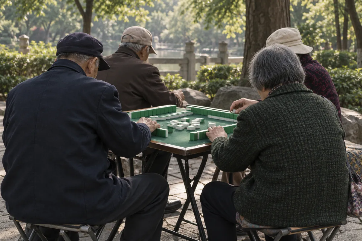 Partida de mahjong en un parque chino